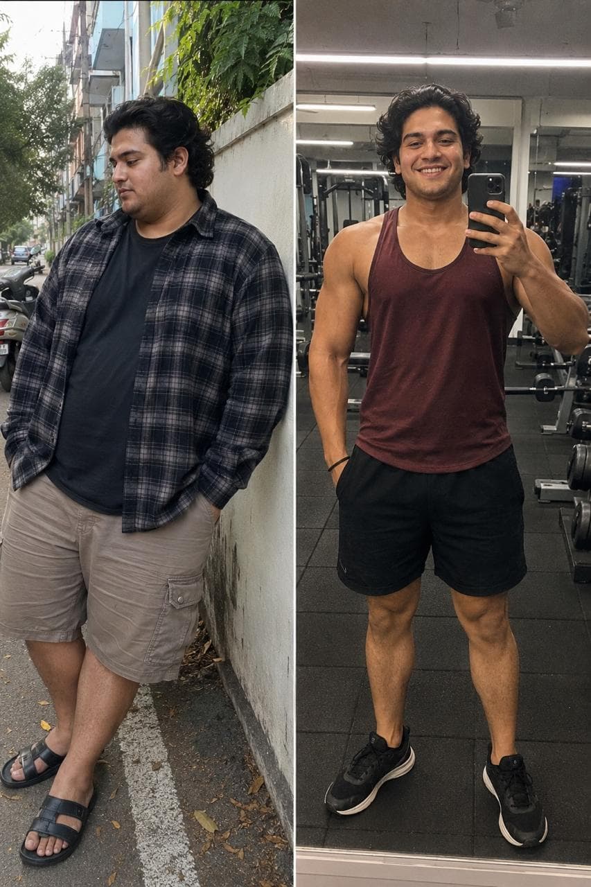 Before and after: client in a checked shirt on the left and a burgundy gym vest on the right.