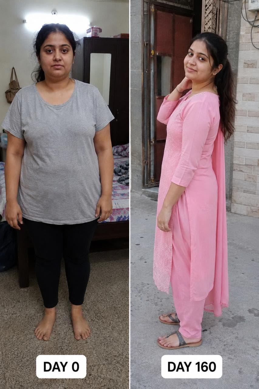 Before and after: client in a grey T-shirt at day 0 and a pink outfit at day 160, as labeled in the supplied photo.