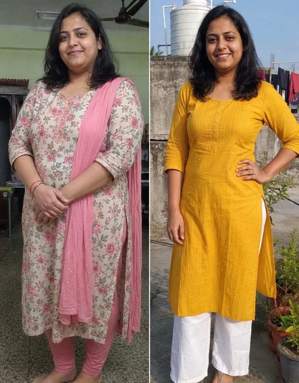 Before and after: client in a floral outfit on the left and a yellow kurta on the right.