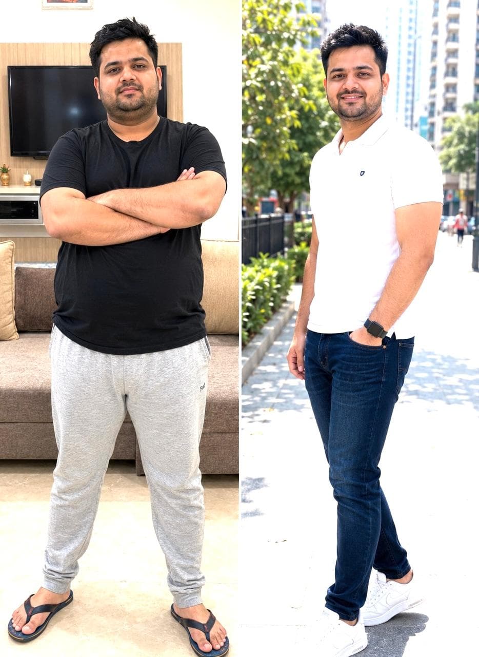 Before and after: client in a black T-shirt on the left and a white polo shirt on the right.