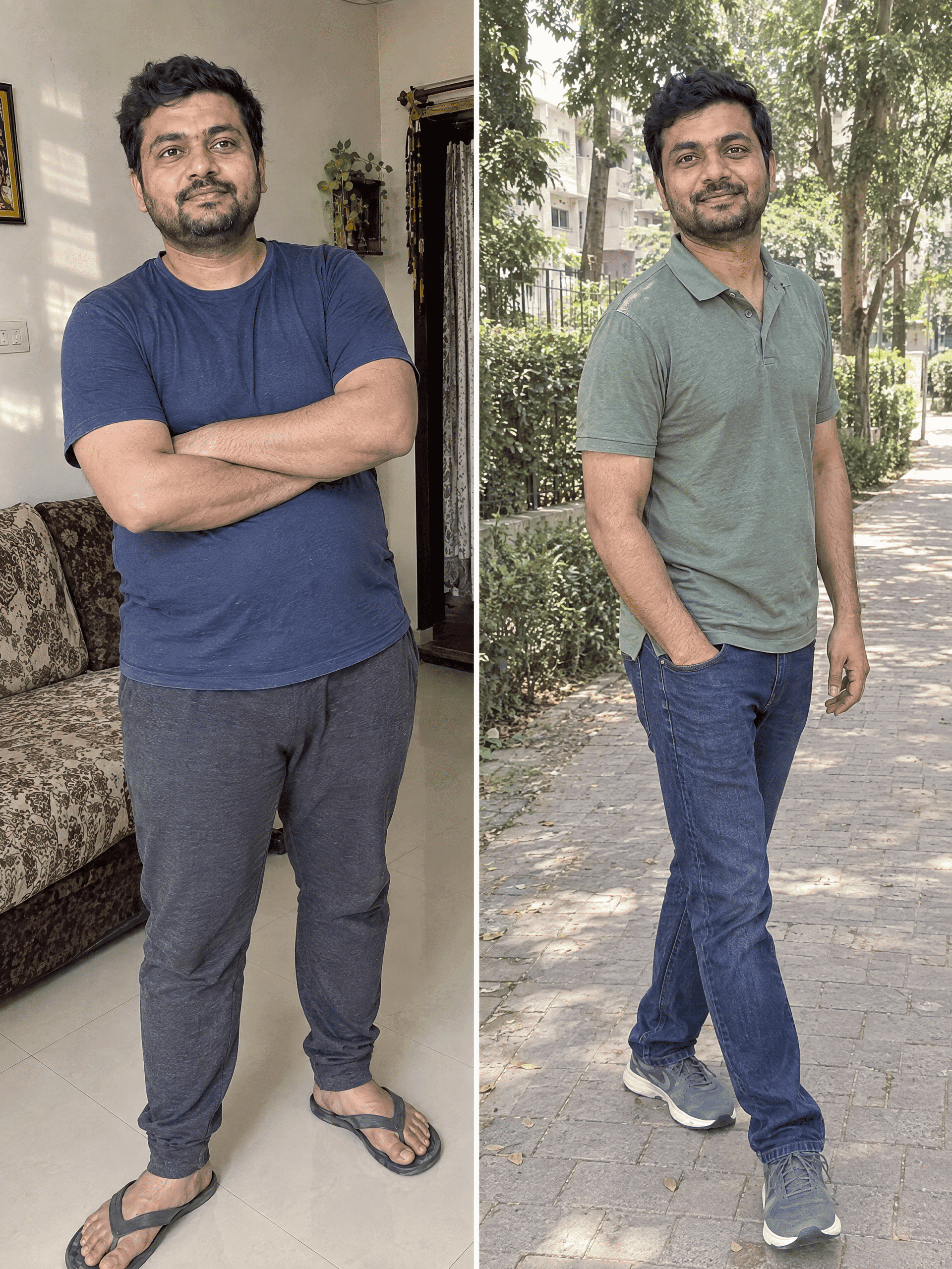 Before and after: client in a navy T-shirt and grey trousers indoors on the left, and a green polo shirt and jeans outdoors on the right.