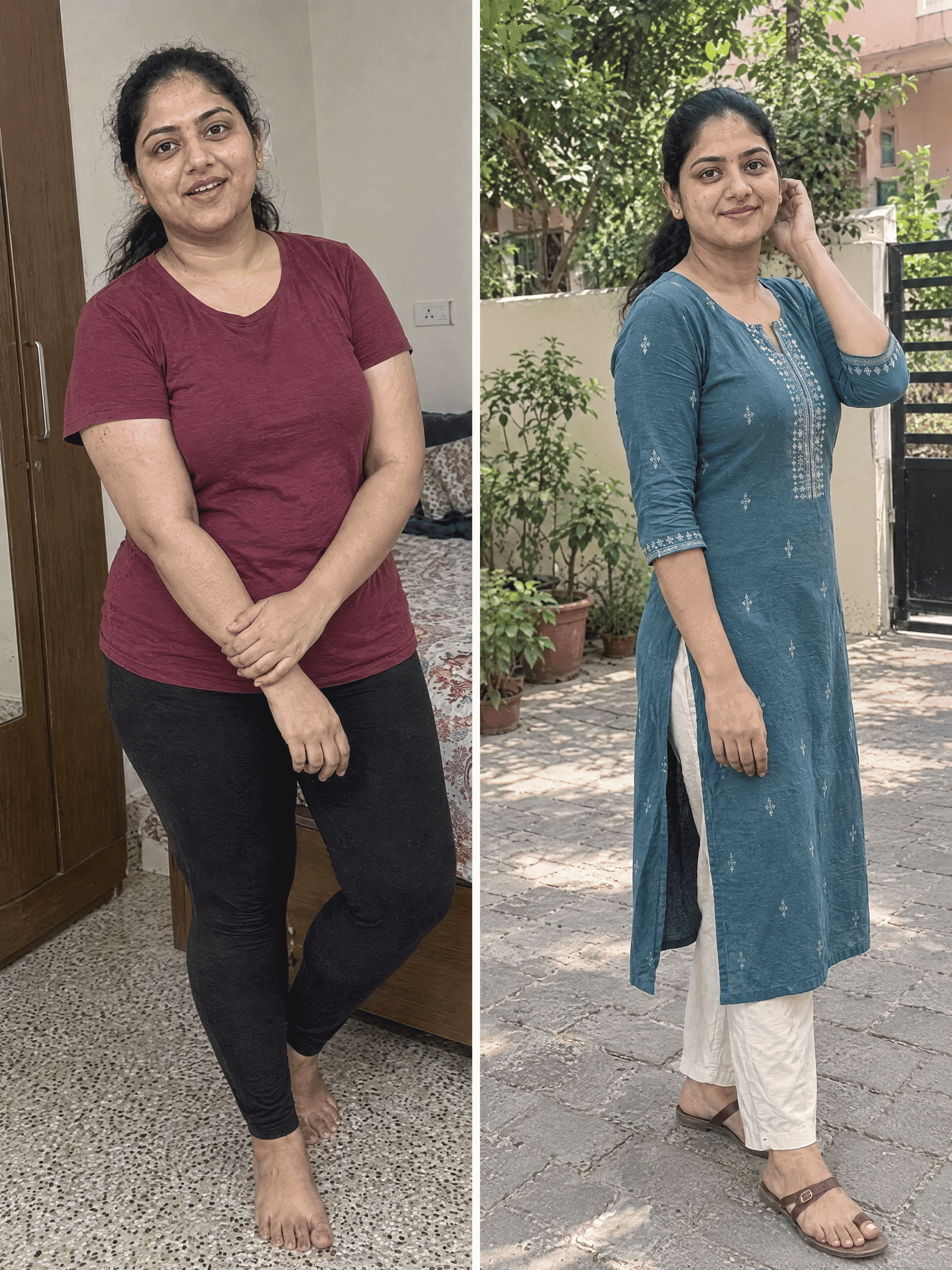 Before and after: client in a burgundy T-shirt indoors on the left and a blue outfit outdoors on the right.