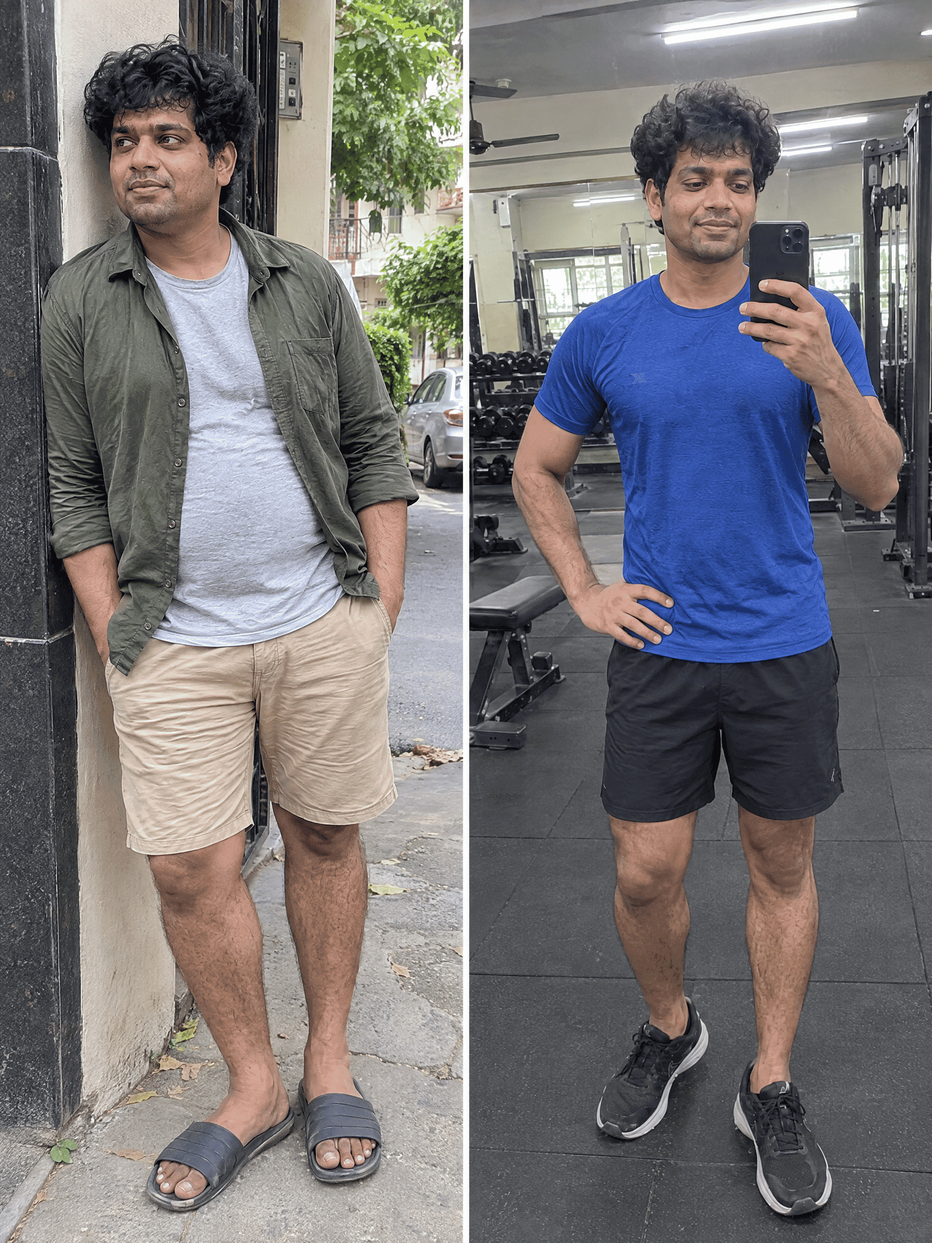 Before and after: client in an olive overshirt and beige shorts on the left and a blue T-shirt and black shorts in a gym on the right.