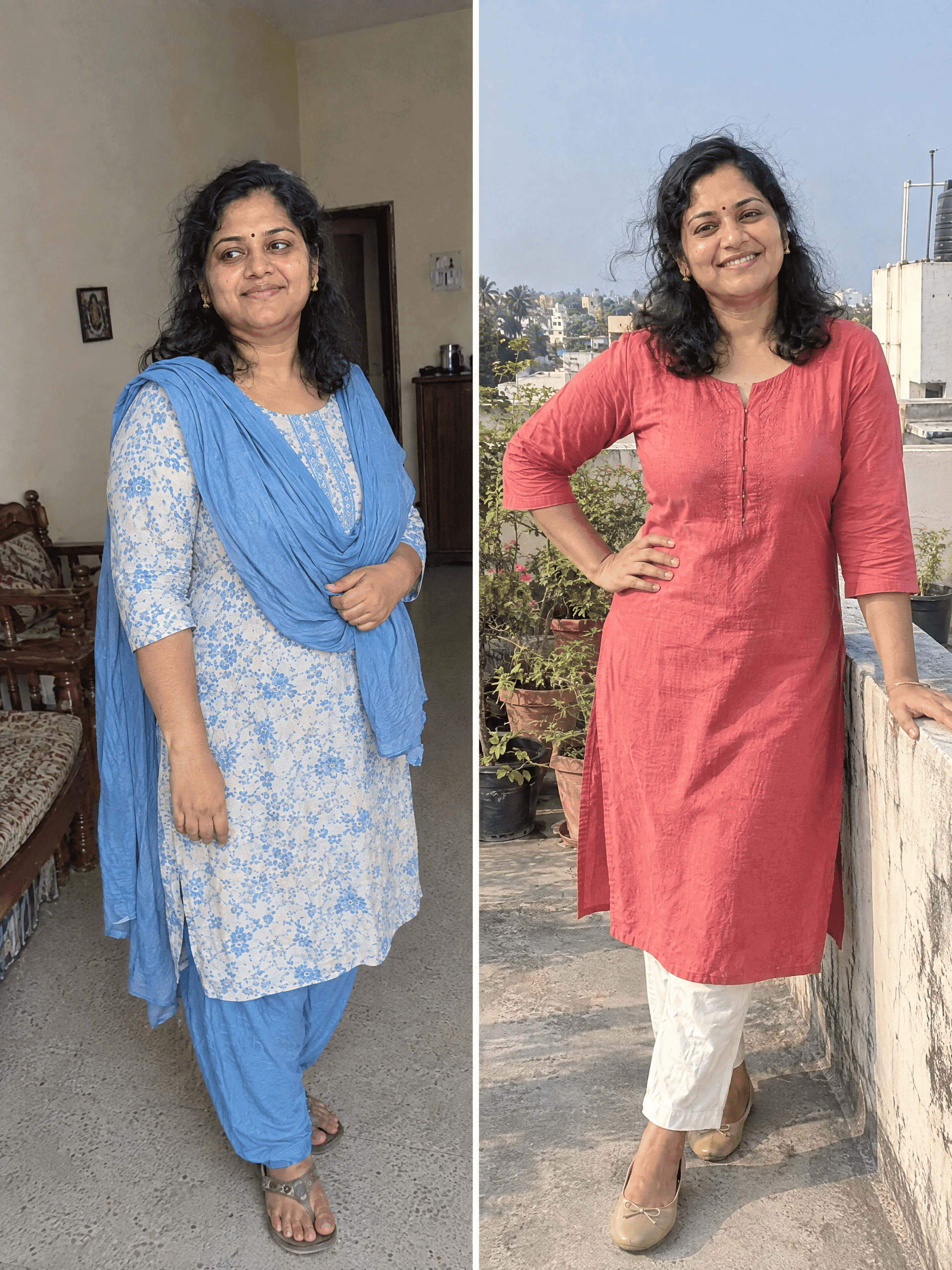 Before and after: client in a light blue patterned outfit indoors on the left and a coral outfit on a terrace on the right.